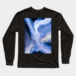 Alcohol ink abstract blue, white, gold on a black background. Style incorporates the swirls of marble or the ripples of agate. Long Sleeve T-Shirt